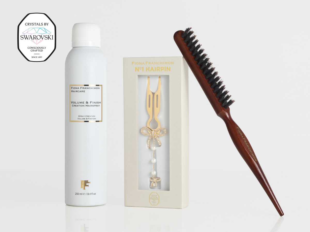 Nº1 Hairpin Pendant | Ribbon with Swarovski® Crystals & Pearl Strand | Yellow Gold Finish + Backcomb Brush + Hairspray