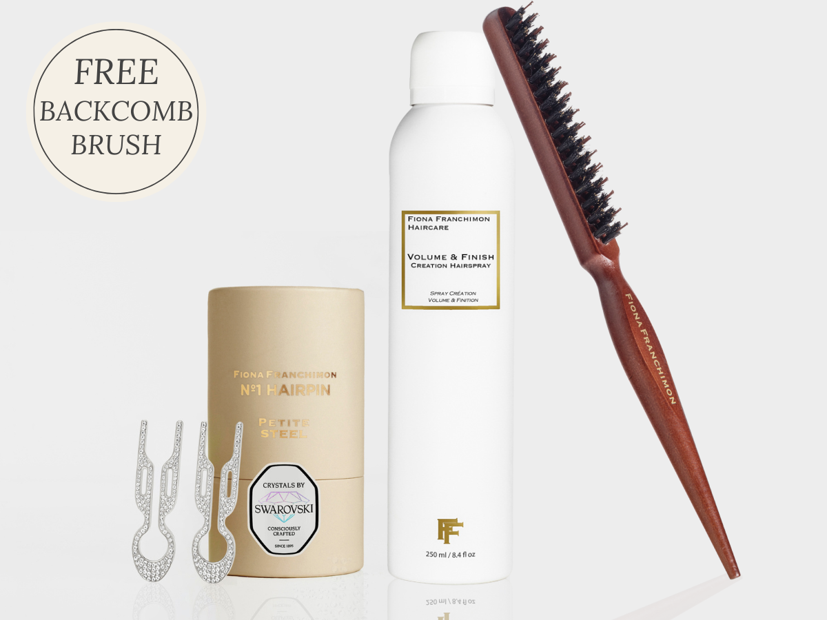 Value set- Volume and Finish Creation Hairspray & Nº1 HAIRPIN Petite with Swarovski White Gold, Free Backcomb brush