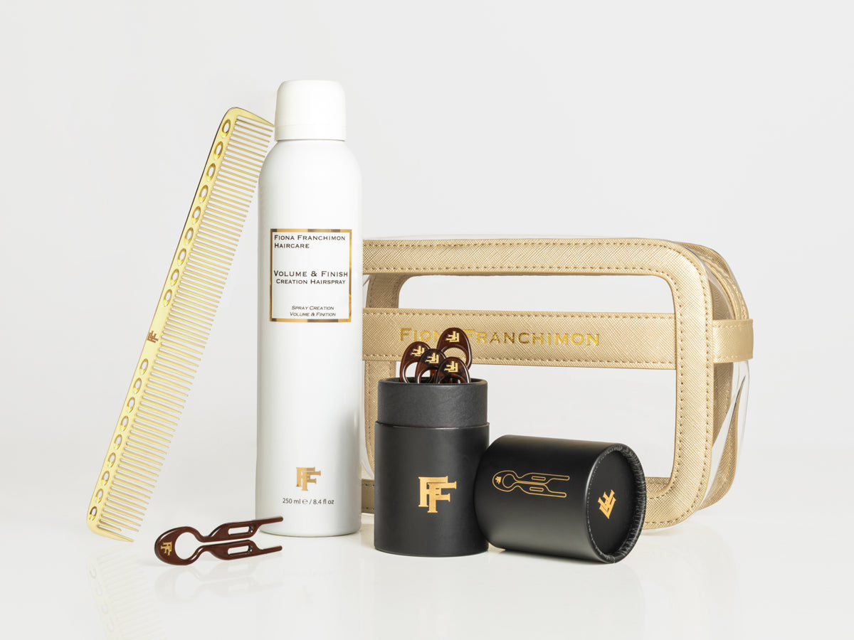 Holiday Value Set: Gold Travel BeautyCase + Brown 5x + Gold Comb + Hairspray