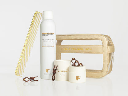 Holiday Value Set: Gold Travel BeautyCase + Petite Brown 5x + Gold Comb + Hairspray