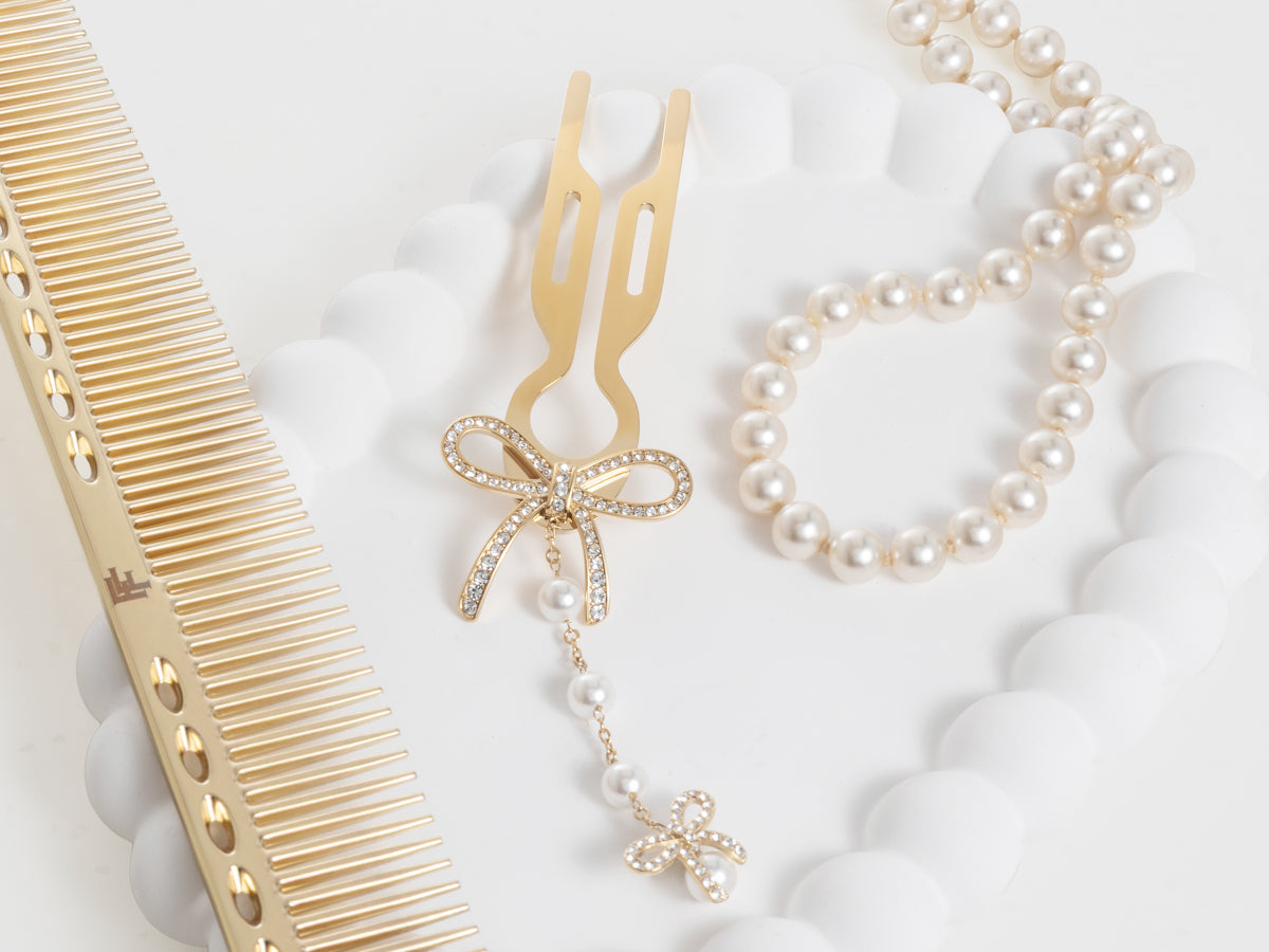 Nº1 Hairpin Pendant | Ribbon with Swarovski® Crystals & Pearl Strand | Yellow Gold Finish