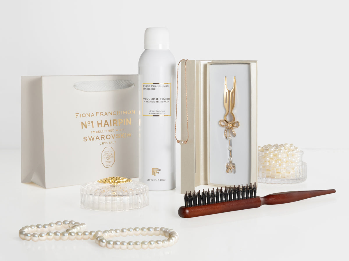 Nº1 Hairpin Pendant | Ribbon with Swarovski® Crystals & Pearl Strand | Yellow Gold Finish + Backcomb Brush + Hairspray