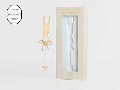 Nº1 Hairpin Pendant | Ribbon with Swarovski® Crystals & Pearl Strand | Yellow Gold Finish
