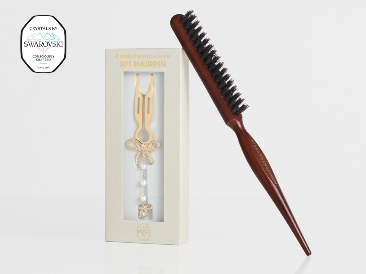 Nº1 Hairpin Pendant | Ribbon with Swarovski® Crystals & Pearl Strand | Yellow Gold Finish + Backcomb Brush