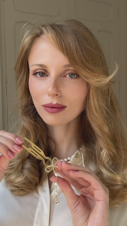 Nº1 Hairpin Pendant | Ribbon with Swarovski® Crystals & Pearl Strand | Yellow Gold Finish