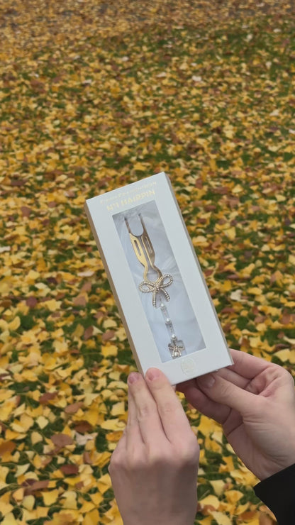 Nº1 Hairpin Pendant | Ribbon with Swarovski® Crystals & Pearl Strand | Yellow Gold Finish