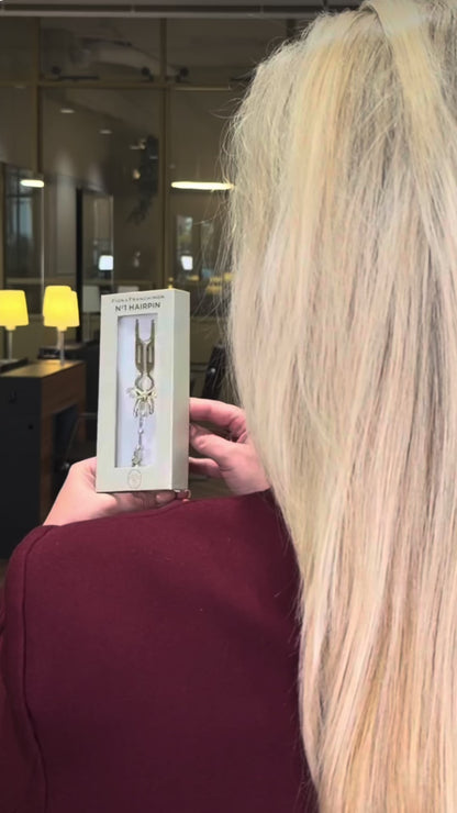 Nº1 Hairpin Pendant | Ribbon with Swarovski® Crystals & Pearl Strand | Yellow Gold Finish